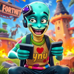 A humanoid sprat character engaged in playing Fortnite, displaying a playful and animated expression