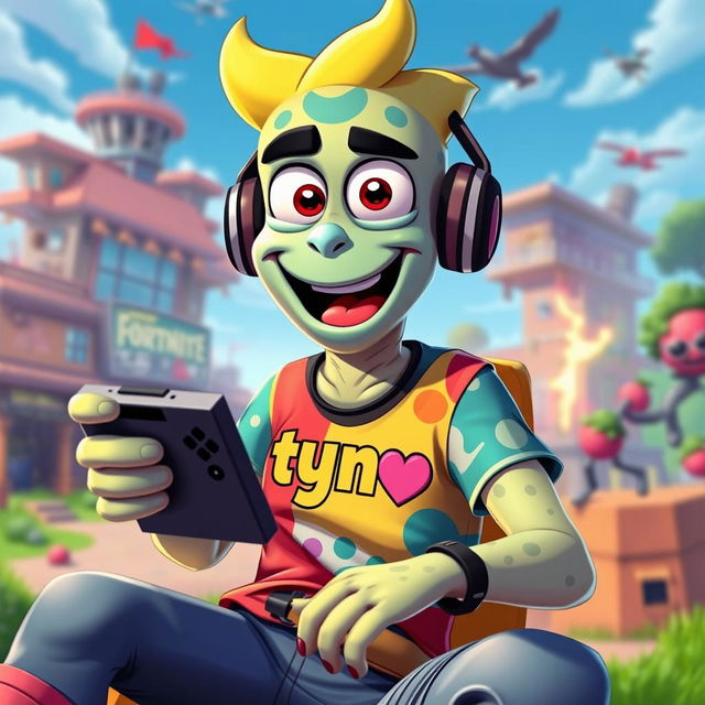 A humanoid sprat character engaged in playing Fortnite, displaying a playful and animated expression