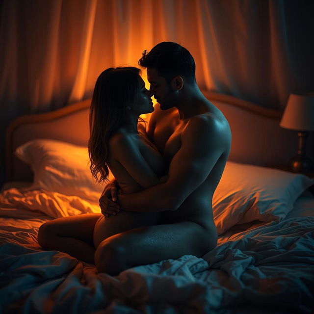 A highly artistic and sensual representation of intimacy between two adult figures, featuring a soft focus and warm lighting