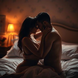 A highly artistic and sensual representation of intimacy between two adult figures, featuring a soft focus and warm lighting