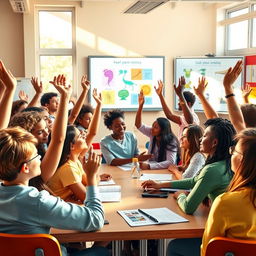 A vibrant classroom scene depicting students engaged in a biology class, focusing on discussions of self-esteem and peer evaluation