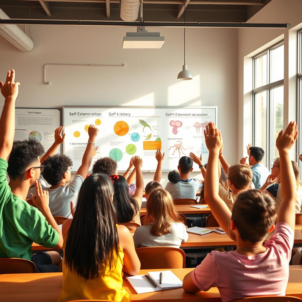 A vibrant classroom scene depicting students engaged in a biology class, focusing on discussions of self-esteem and peer evaluation
