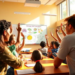 A vibrant classroom scene depicting students engaged in a biology class, focusing on discussions of self-esteem and peer evaluation