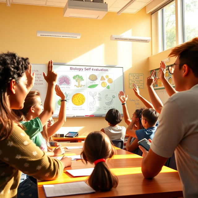 A vibrant classroom scene depicting students engaged in a biology class, focusing on discussions of self-esteem and peer evaluation