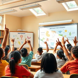 A vibrant classroom scene depicting students engaged in a biology class, focusing on discussions of self-esteem and peer evaluation