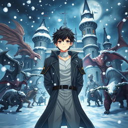A 20-year-old black-haired white male character standing proudly in front of a majestic castle on a winter night