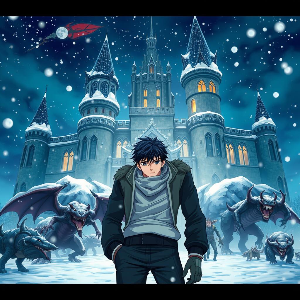 A 20-year-old black-haired white male character standing proudly in front of a majestic castle on a winter night