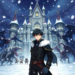 A 20-year-old black-haired white male character standing proudly in front of a majestic castle on a winter night