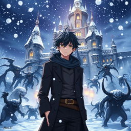 A 20-year-old black-haired white male character standing proudly in front of a majestic castle on a winter night