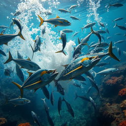 A dramatic underwater scene depicting sprats attacking tunas in a fierce battle