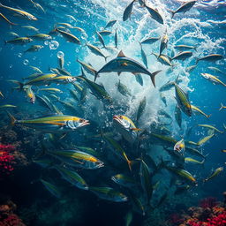 A dramatic underwater scene depicting sprats attacking tunas in a fierce battle