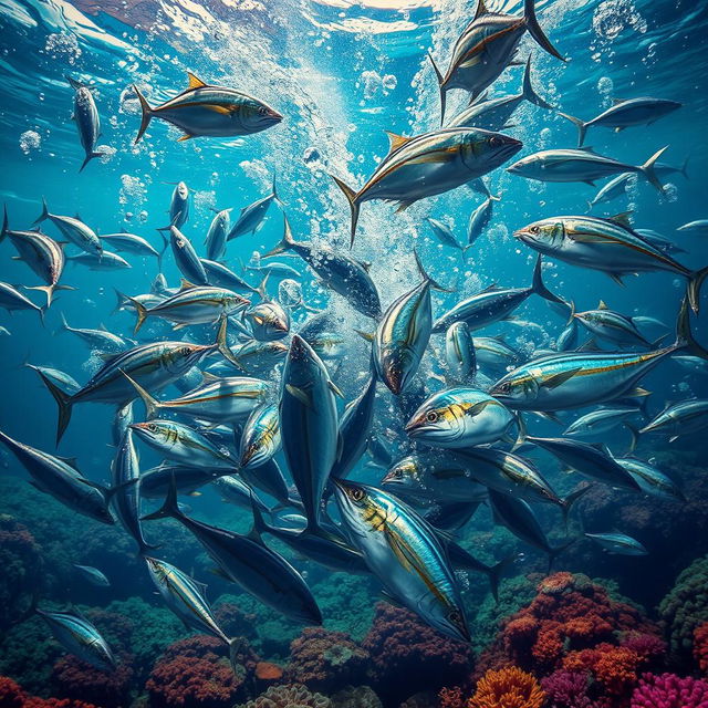 A dramatic underwater scene depicting sprats attacking tunas in a fierce battle