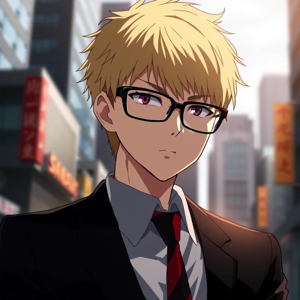 A stunning and detailed portrait of Kento Nanami from the anime Jujutsu Kaisen, featuring his distinctive short blond hair and sharp black glasses