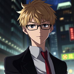 A stunning and detailed portrait of Kento Nanami from the anime Jujutsu Kaisen, featuring his distinctive short blond hair and sharp black glasses