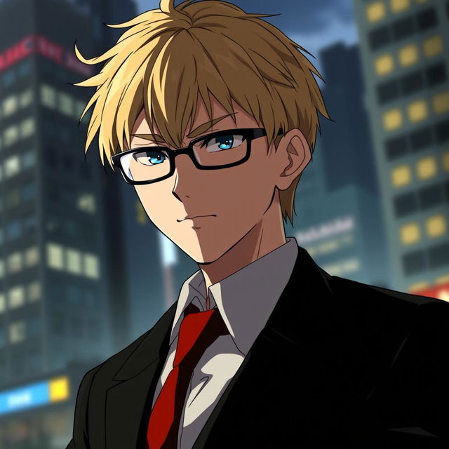 A stunning and detailed portrait of Kento Nanami from the anime Jujutsu Kaisen, featuring his distinctive short blond hair and sharp black glasses