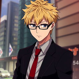 A stunning and detailed portrait of Kento Nanami from the anime Jujutsu Kaisen, featuring his distinctive short blond hair and sharp black glasses