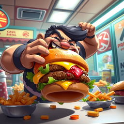 A character named Pasha, inspired by Pudge from Dota 2, is seen in a dynamic and energetic pose as he fervently devours a large, juicy burger