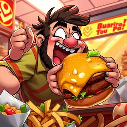 A character named Pasha, inspired by Pudge from Dota 2, is seen in a dynamic and energetic pose as he fervently devours a large, juicy burger