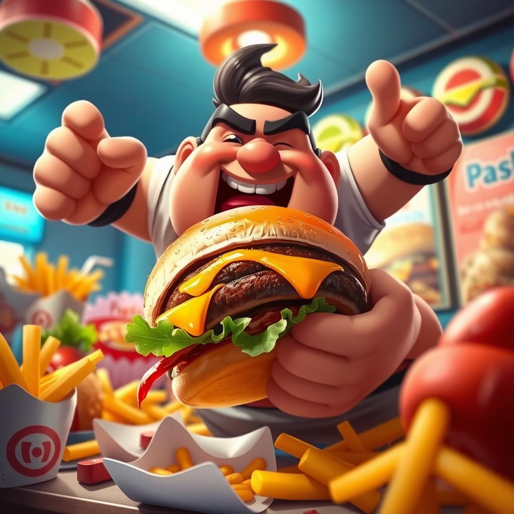 A character named Pasha, inspired by Pudge from Dota 2, is seen in a dynamic and energetic pose as he fervently devours a large, juicy burger