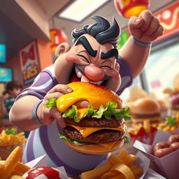 A character named Pasha, inspired by Pudge from Dota 2, is seen in a dynamic and energetic pose as he fervently devours a large, juicy burger