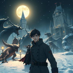 A young white man with black hair, around 20 years old, standing confidently near a majestic castle on a winter night