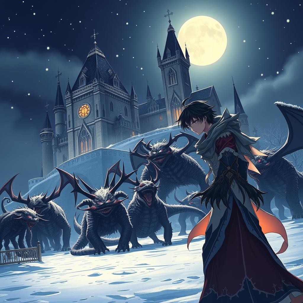 A young white man with black hair, around 20 years old, standing confidently near a majestic castle on a winter night