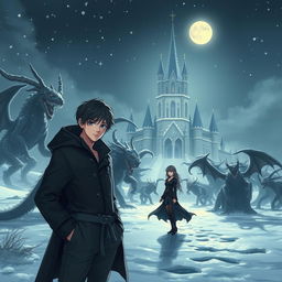 A young white man with black hair, around 20 years old, standing confidently near a majestic castle on a winter night