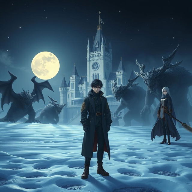 A young white man with black hair, around 20 years old, standing confidently near a majestic castle on a winter night