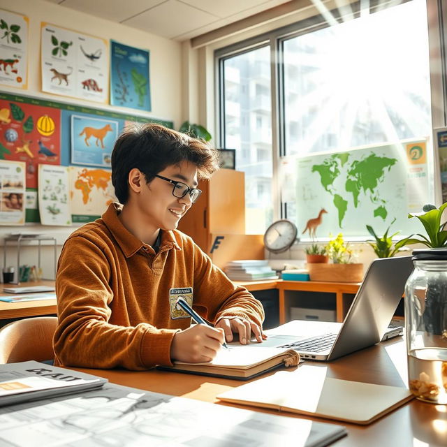 A student enthusiastically engaged in biology class, surrounded by colorful diagrams of plants and animals, actively working on real-world environmental issues