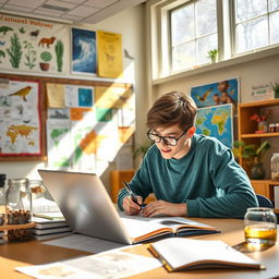 A student enthusiastically engaged in biology class, surrounded by colorful diagrams of plants and animals, actively working on real-world environmental issues