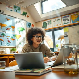 A student enthusiastically engaged in biology class, surrounded by colorful diagrams of plants and animals, actively working on real-world environmental issues