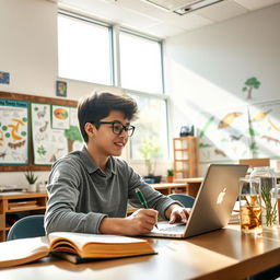 A student enthusiastically engaged in biology class, surrounded by colorful diagrams of plants and animals, actively working on real-world environmental issues