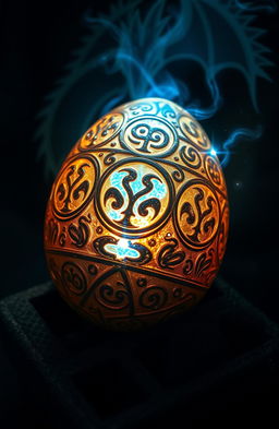 A close-up image of a glowing dragon egg with ancient shimmering symbols on its surface