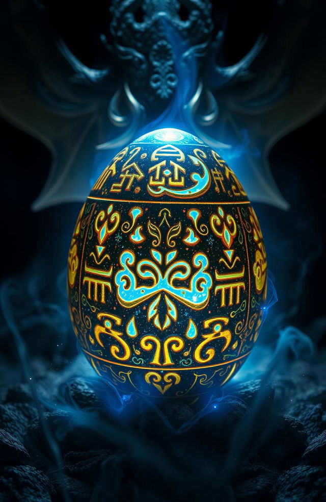 A close-up image of a glowing dragon egg with ancient shimmering symbols on its surface