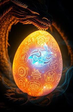 A close-up image of a glowing dragon egg with ancient shimmering symbols on its surface