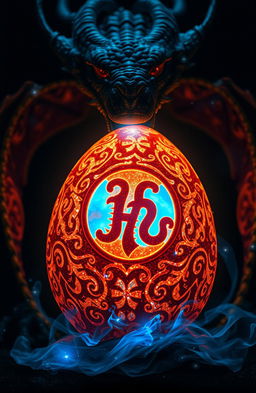 A close-up image of a glowing dragon egg with ancient shimmering symbols on its surface