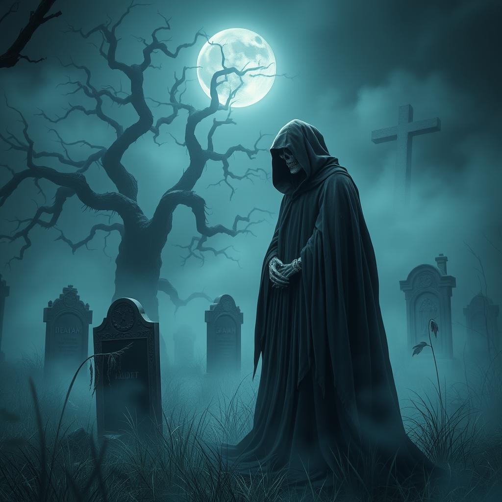 An ethereal and haunting depiction of Death personified as a cloaked figure with a skeletal face, standing solemnly in a foggy cemetery