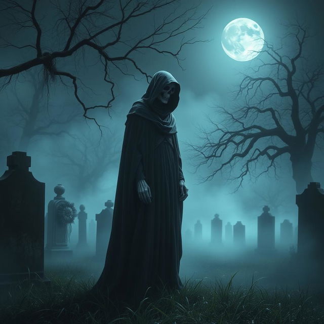 An ethereal and haunting depiction of Death personified as a cloaked figure with a skeletal face, standing solemnly in a foggy cemetery