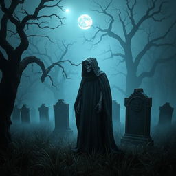 An ethereal and haunting depiction of Death personified as a cloaked figure with a skeletal face, standing solemnly in a foggy cemetery