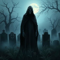 An ethereal and haunting depiction of Death personified as a cloaked figure with a skeletal face, standing solemnly in a foggy cemetery