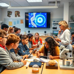 A vibrant and engaging biology classroom filled with students using advanced technology for their experiments and learning