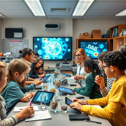 A vibrant and engaging biology classroom filled with students using advanced technology for their experiments and learning