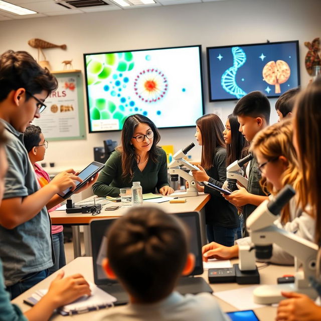A vibrant and engaging biology classroom filled with students using advanced technology for their experiments and learning