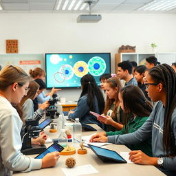A vibrant and engaging biology classroom filled with students using advanced technology for their experiments and learning