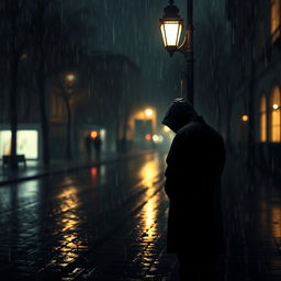 A somber scene depicting a solitary figure standing under a rain-soaked street lamp during a rainy night