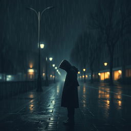 A somber scene depicting a solitary figure standing under a rain-soaked street lamp during a rainy night