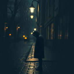 A somber scene depicting a solitary figure standing under a rain-soaked street lamp during a rainy night