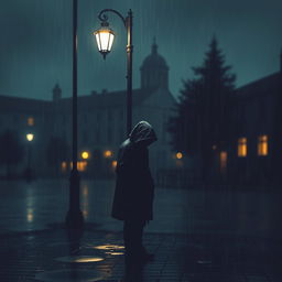 A somber scene depicting a solitary figure standing under a rain-soaked street lamp during a rainy night