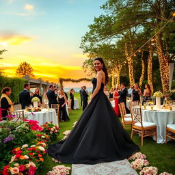 A beautiful outdoor wedding scene featuring a bride in a stunning black wedding dress