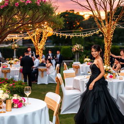 A beautiful outdoor wedding scene featuring a bride in a stunning black wedding dress